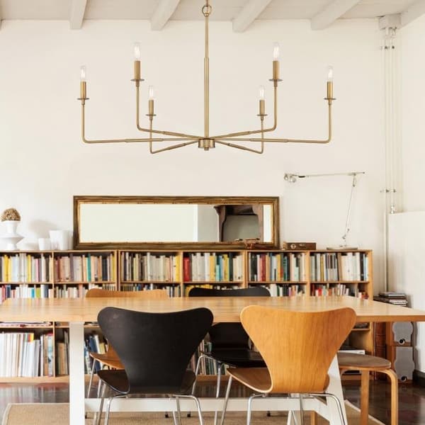 mid century modern chandelier with gold loops and globe shaped lights